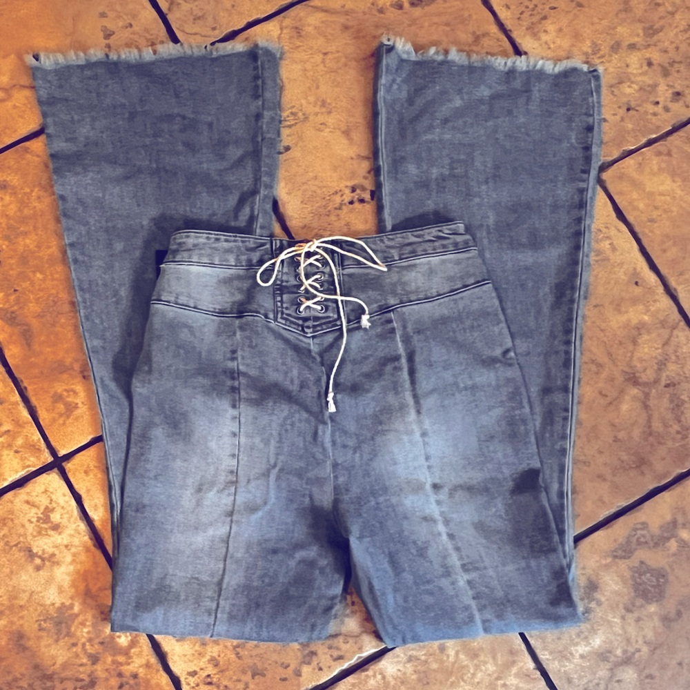 Lace Up Back Denim Bellbottom Jeans - Picture 4 of 6